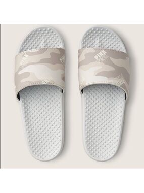 VS PINK Camo Single Strap Slide Sandals in Light Taupe and White